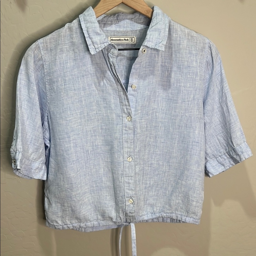 Abercrombie & Fitch Light Blue Linen Button-Front Crop Shirt